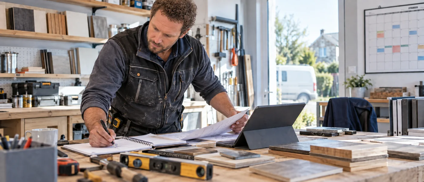 Artisan dirigeant qui prépare ses dossiers et ses devis dans son atelier
